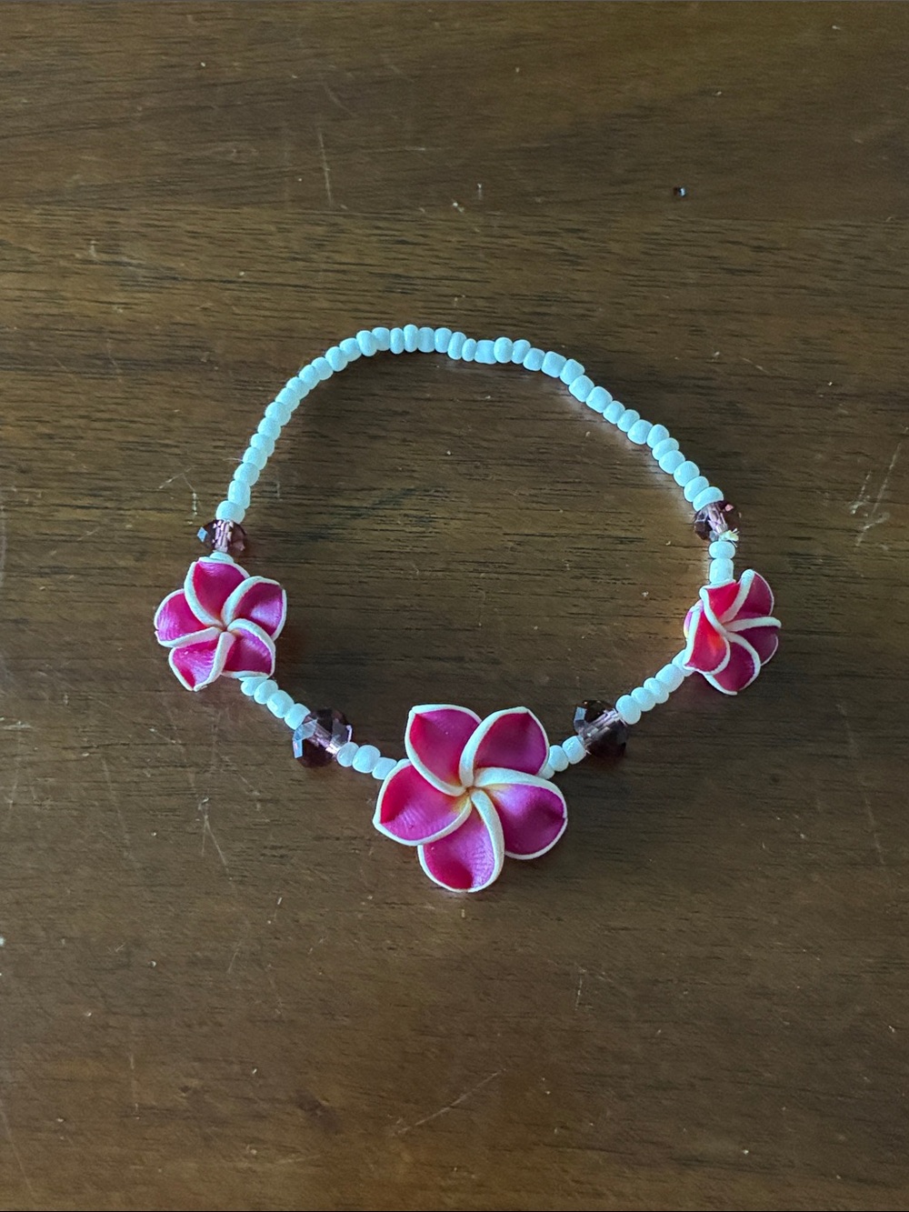Handmade Pink Plumeria / Lei Flower Beaded Stretch Bracelet with Glass Beads
